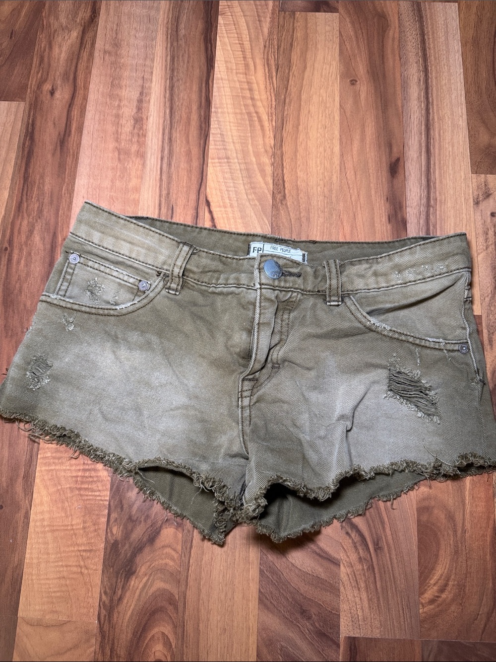 FP Olive Distressed Denim Shorts